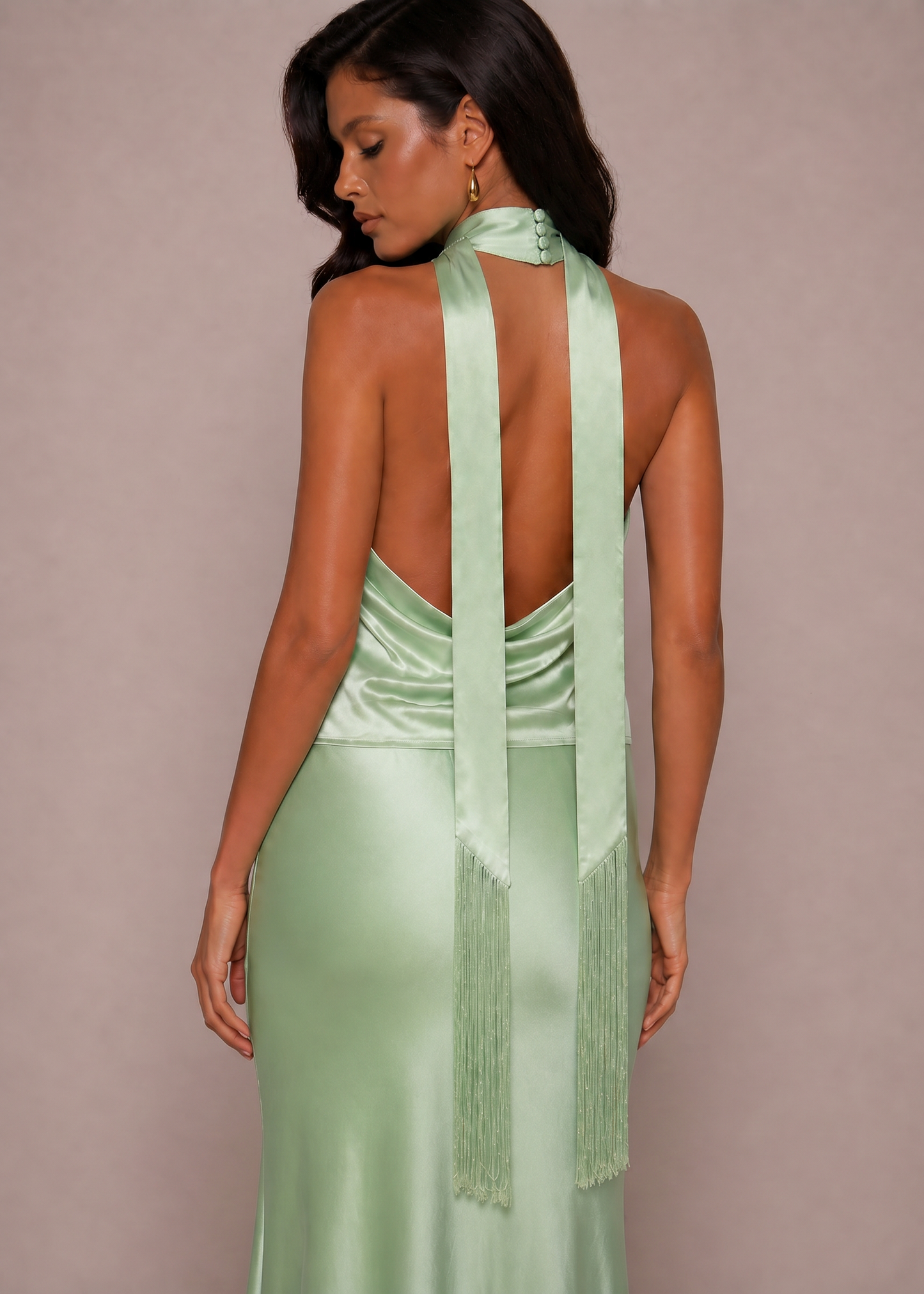 Satin Lace Halter Top with Fringe Detail-Pistachio