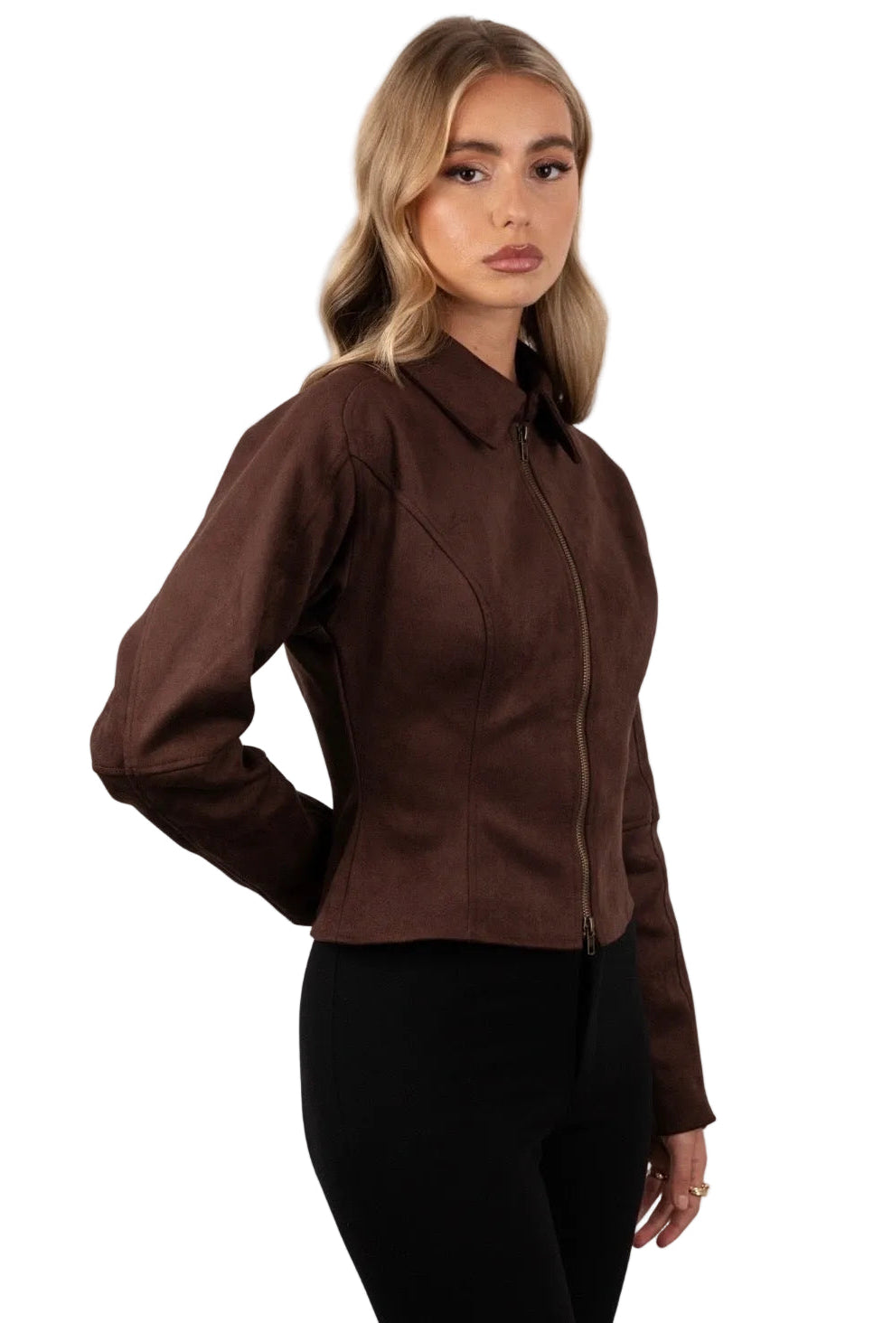 Woman wearing Suede brow double zip jacket 