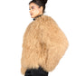 Person wearing a Beige Mongolian fur coat  on a white background