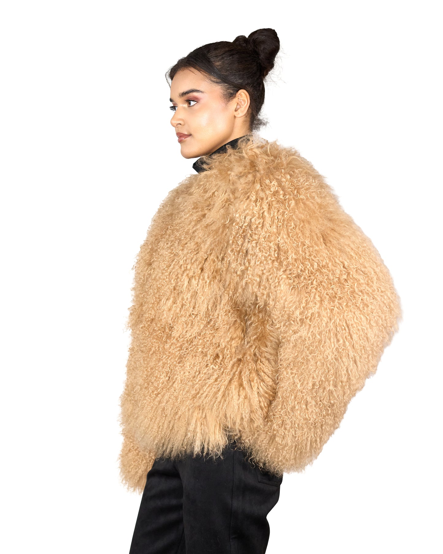 Person wearing a Beige Mongolian fur coat  on a white background