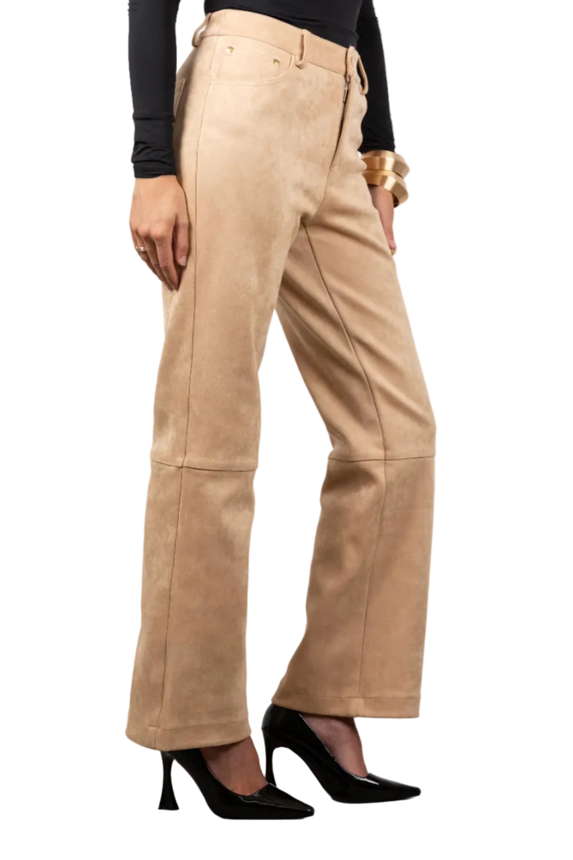 Suede Beige pants worn by a person on a plain background
