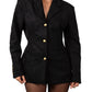 Black blazer with gold buttons on a white background