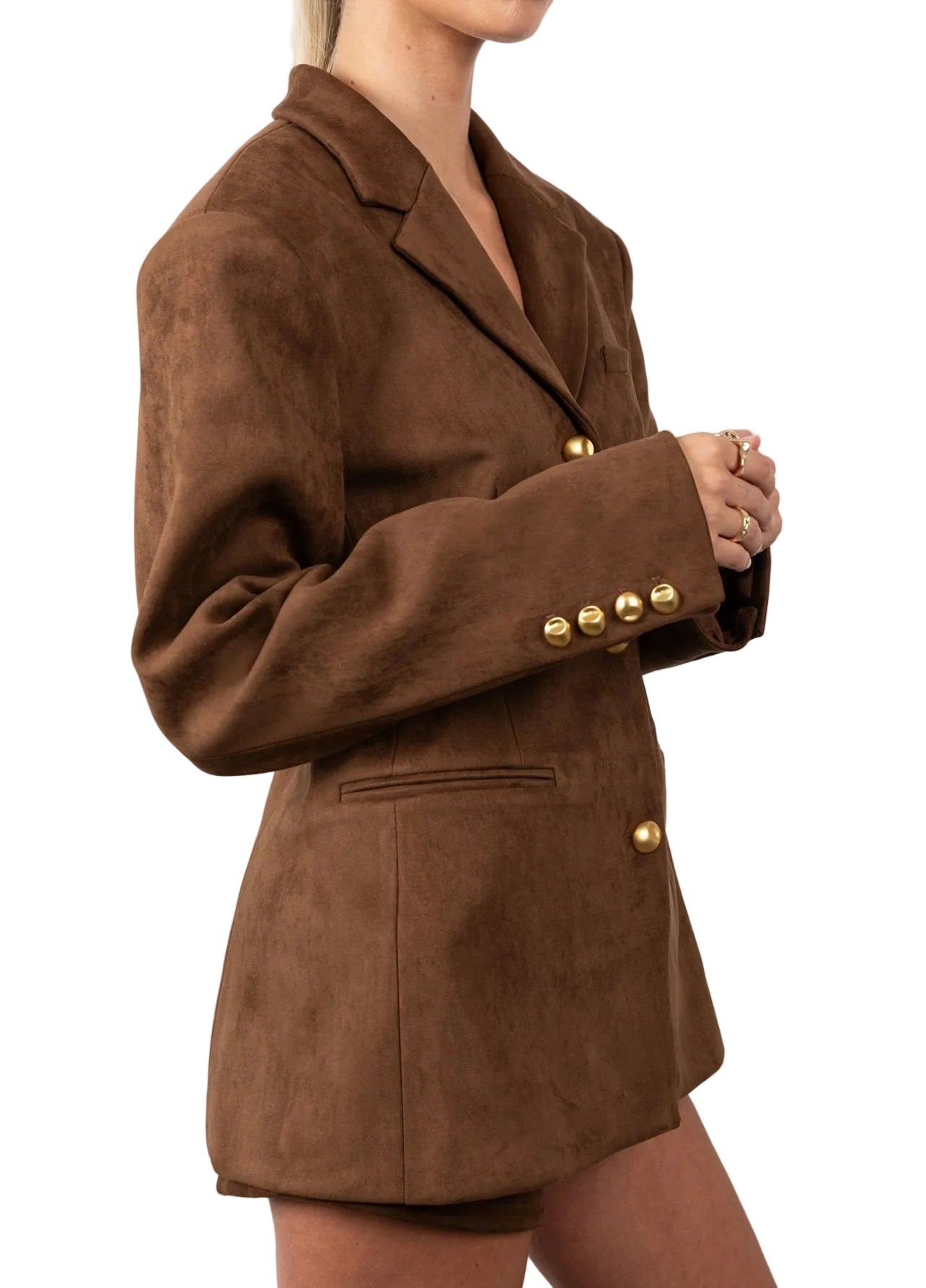 Brown blazer with gold buttons on a white background