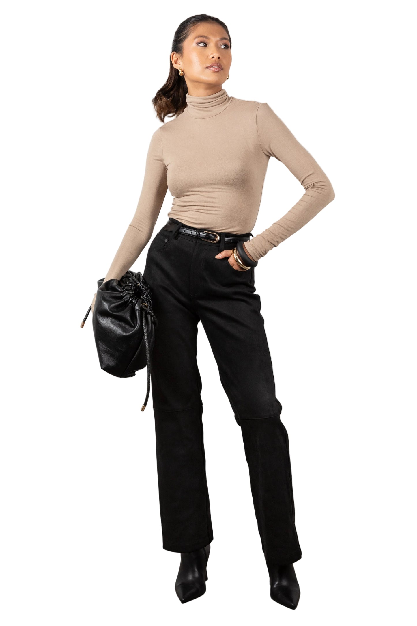 Woman wearing Black Suede Trousers 
